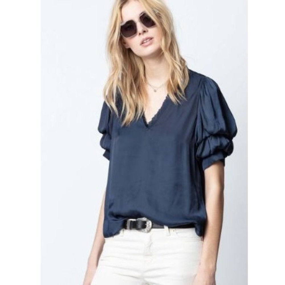 Zadig & Voltaire Women's Taste Tiered Puff Sleeve Satin Top. Large. LIGHT BLUE